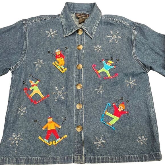 NEW Directions Denim Embroidered Ice Skating Shacket Jacket Womens Medium Winter - Picture 3 of 9